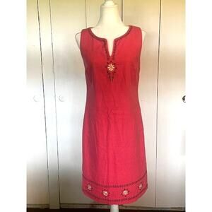 Sag Harbor Women Size 8 Sleeveless Linen Dress Fuschia Pink‎ w/ Embroidery